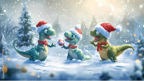Cute cartoon dinosaurs wearing Santa hats and scarves play in a snowy winter scene, tossing a festive ornament. Perfect for holiday, Christmas, and seasonal themes.