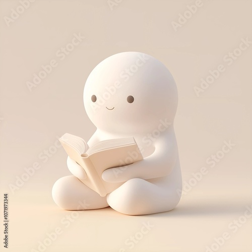 Minimalistic, adorable 3D character reading a book, set against a soft beige background. Perfect for themes of learning, mindfulness, education, relaxation, and reading.