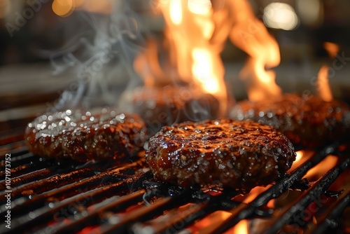 Beef patties sizzling on a flaming grill photo