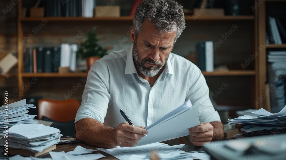 A man with gray hair intently examines papers at a desk cluttered with documents, set against a backdrop of shelves filled with books and files, conveying intense focus. A man with gray hair intently examines papers at a desk cluttered with documents, set against a backdrop of shelves filled with books and files, conveying intense focus.