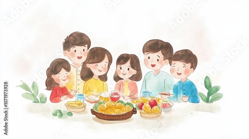 A joyful family gathering around a dining table filled with delicious food.