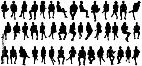 silhouette of sitting people man and woman. Vector silhouettes of men and women, a group of people sitting on a bench chair business people and profile. 