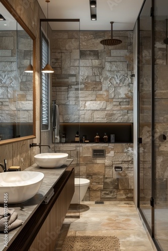 Modern Rustic Bathroom Design with Stone Walls