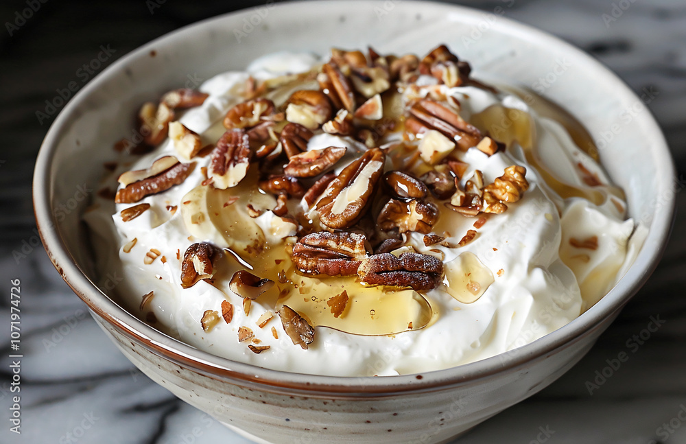 A bowl of creamy yogurt topped with chopped pecans and drizzled with honey is a delicious and healthy snack or breakfast option A bowl of creamy yogurt topped with chopped pecans and drizzled with honey is a delicious and healthy snack or breakfast option