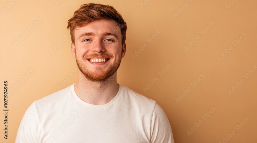 Close up portrait of one handsome guy with perfect white teeth smiling at home. Front view of young confident man with friendly and positive expression. Happy adult male laughing and looking at camera