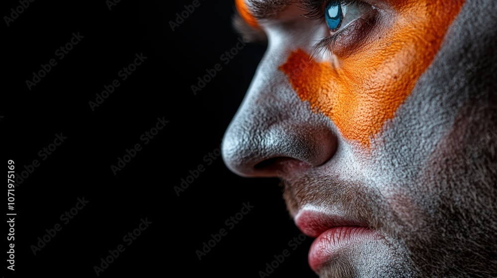 Obraz premium A dramatic side profile highlights detailed face paint in black and orange, embodying mystery and intensity, with a focus on the eye's penetrating stare.
