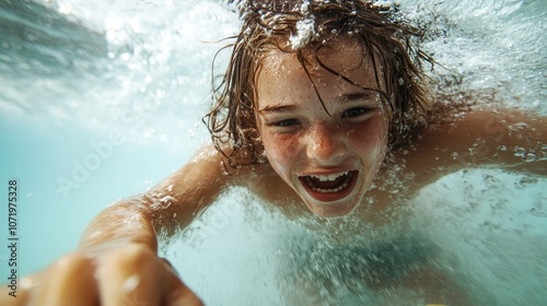 A boy, submerged in a pool, joyfully swims towards the camera, his playful and exuberant expression manifesting the boundless joy and freedom found underwater. photo