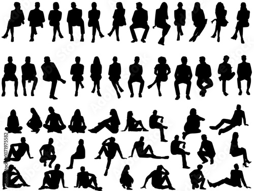 set of detailed people sitting silhouettes isolated on white background