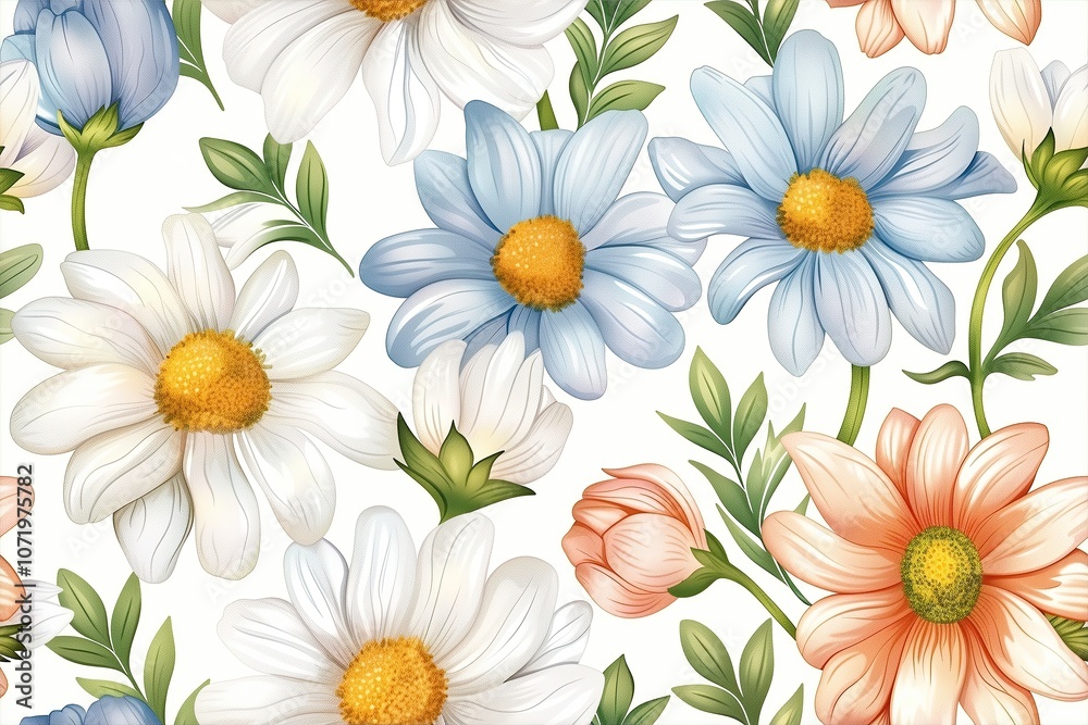 Fototapeta premium Seamless floral pattern with blue, white, and peach daisies