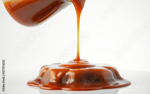 Caramel sauce pouring into a bowl against a white background photo