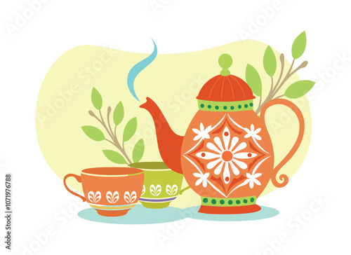 Traditional Teapot and Cups Illustration for Tea Time and Cultural Designs