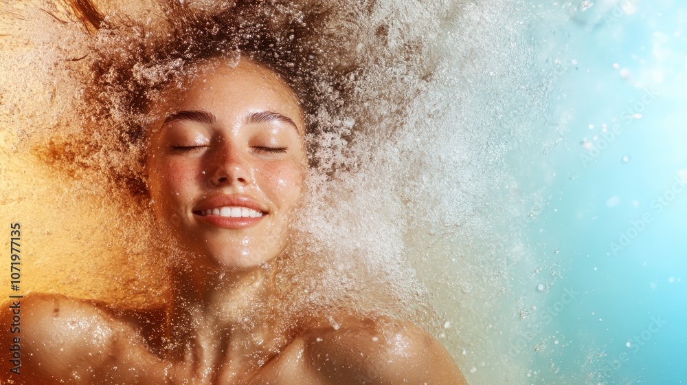 Fototapeta premium A serene woman with closed eyes seems submerged in water, her facial features relaxed, as radiant light illuminates her amidst a tranquil aquatic environment.
