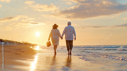 Senior Couple Walking Hand in Hand on Beach at Sunset