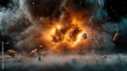 The image captures a powerful explosion with debris flying through the air, a dramatic depiction of energy and destruction in a moment frozen in time vibrantly. photo