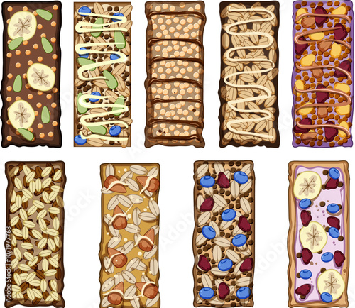 granola bar set cartoon. honey snack, energy protein, fiber chewy granola bar sign. isolated symbol vector illustration