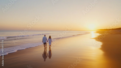 Senior Couple Holding Hands Walking Along Sunny Beach. Copy space.