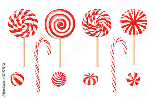Christmas lollipops on stick, candy canes, bubblegum and peppermint sweets with spiral red and white stripes and swirls. Striped Xmas lollipops, mint hard sugar candies and sweets, vector cartoon set