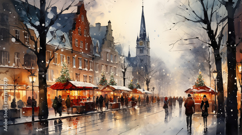 Watercolor Shopping on the Christmas Market with Lights and Bokeh Painting Winter art design