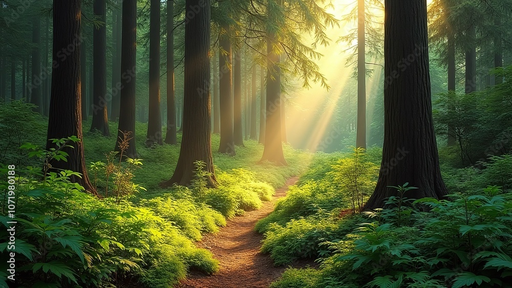 Obraz premium Daytime forest scene, verdant and sunlit