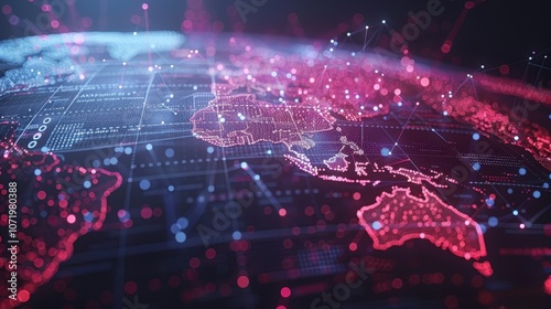 A digital representation of the Asia-Pacific region with network connections and data visualization.