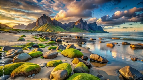 Panoramic summer rocks on Haukland beach, calm evening landscape in mountains, Vestvagoya, Lofoten, Norway, Europe photo