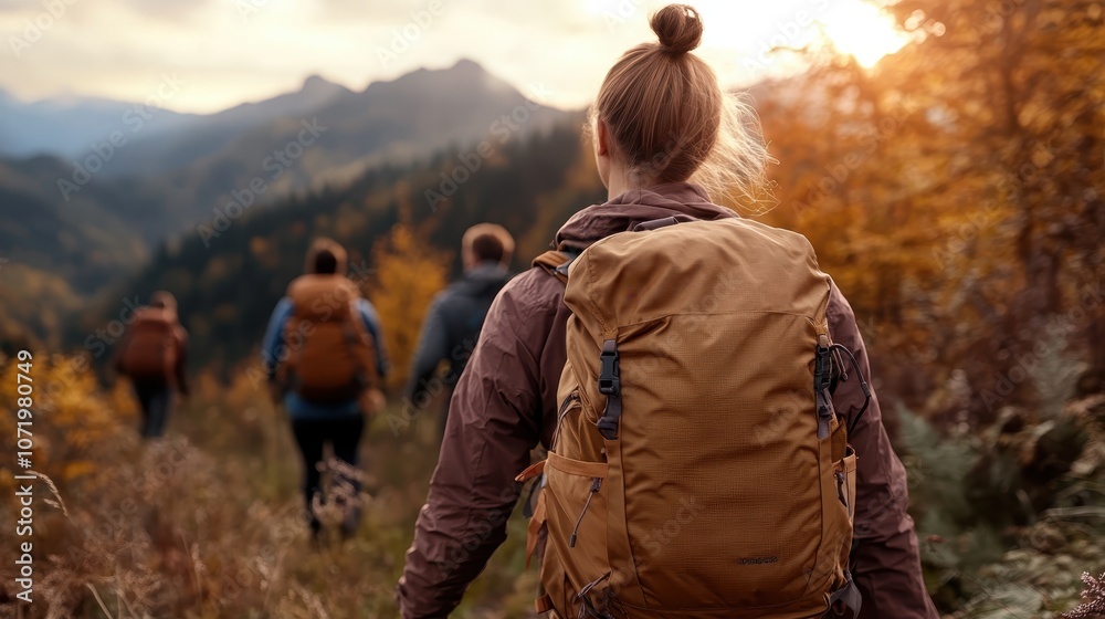 A group of hikers with backpacks traverse a scenic trail through a forested mountain landscape, bathed in the warm glow of autumn, capturing a sense of adventure. A group of hikers with backpacks traverse a scenic trail through a forested mountain landscape, bathed in the warm glow of autumn, capturing a sense of adventure.