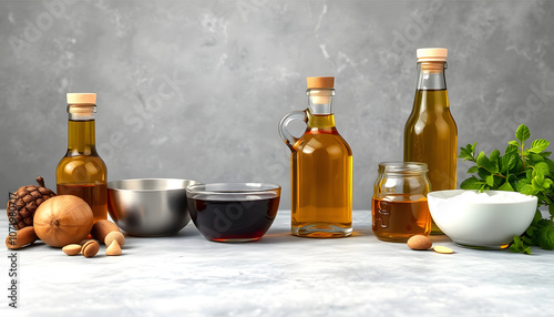 Composition with different sorts of cooking oil on grey table highlighted by white, png