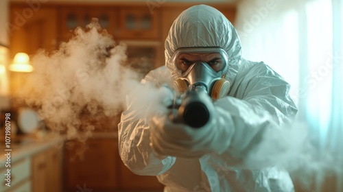 Inside a room suffused with mist, a person in full protective gear holds fogging equipment, illustrating safety measures and dedication to health and cleanliness. photo