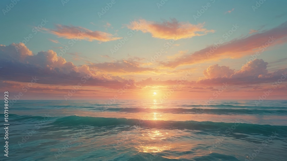 Naklejka premium A beautiful sunset over the serene ocean with soft waves lapping against the shore and colorful clouds filling the sky