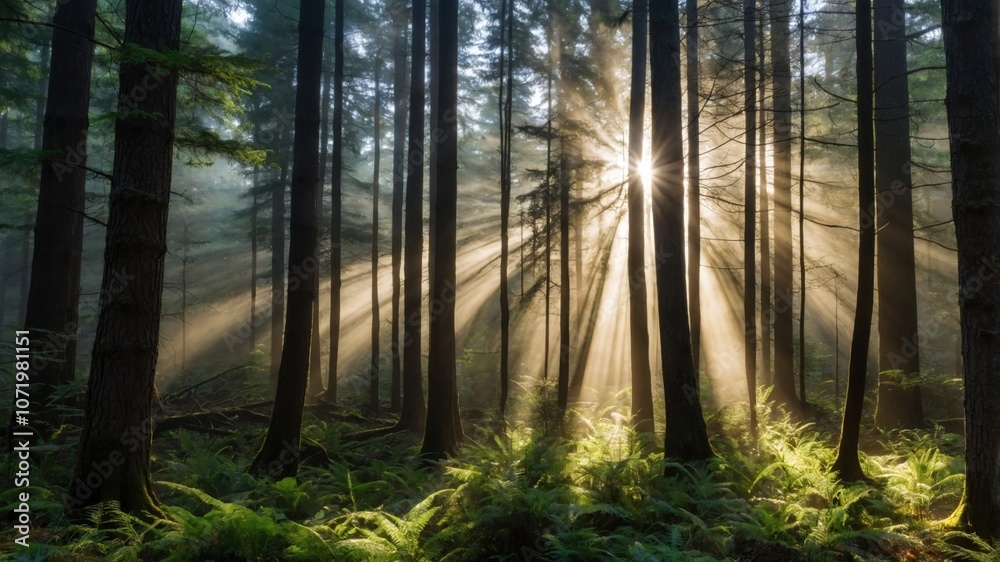 Fototapeta premium Sunlight filters through tall trees in a tranquil forest, highlighting ferns and creating an enchanting atmosphere at dawn