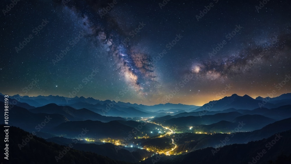 Fototapeta premium Night sky filled with stars and the Milky Way over a serene mountain valley at twilight