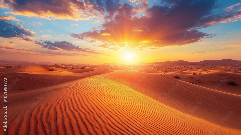 Stunning Desert Sunset Over Rolling Sand Dunes in Warm Golden Light