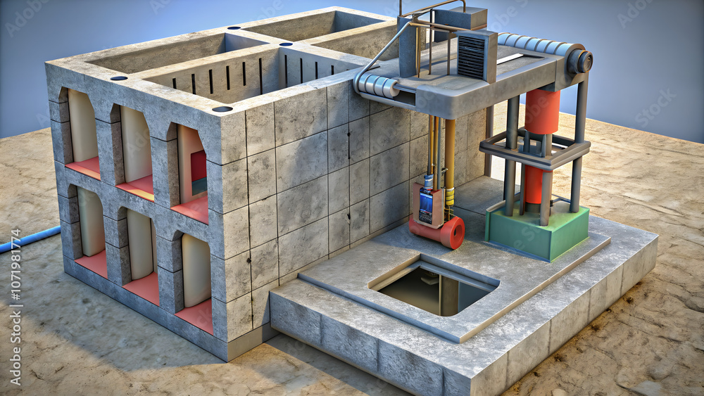Fototapeta premium detailed 3D model of construction site featuring concrete structure with machinery. scene showcases various construction elements and tools, emphasizing industrial design