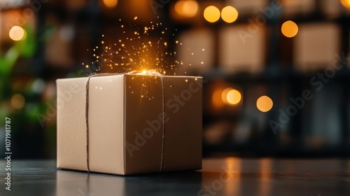 A charming little gift box adorned with a string, emits captivating golden sparks into the air, evoking a sense of joy, wonder, and celebration. photo