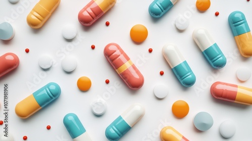 A vibrant array of colorful capsules and pills arranged on a white background. photo