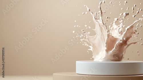 A captivating image capturing the moment of a creamy liquid splash frozen in mid-air, set against a neutral backdrop, combining fluid motion with artistic elegance. photo