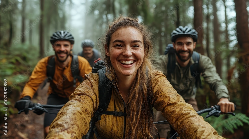 A group of cyclists, smiling and wearing helmets, ride through a misty forest trail, embodying adventure and camaraderie on a rainy day with vibrant greenery. A group of cyclists, smiling and wearing helmets, ride through a misty forest trail, embodying adventure and camaraderie on a rainy day with vibrant greenery.