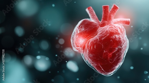 A highly detailed, realistic depiction of a human heart, showcasing the complexity and beauty of this vital organ in a soft, atmospheric environment. photo