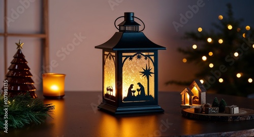 Candle style lantern with miniature nativity scene glowing in a dark room photo