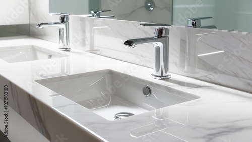 A modern bathroom sink with sleek chrome faucets and a smooth white countertop, reflecting a minimalist design aesthetic.