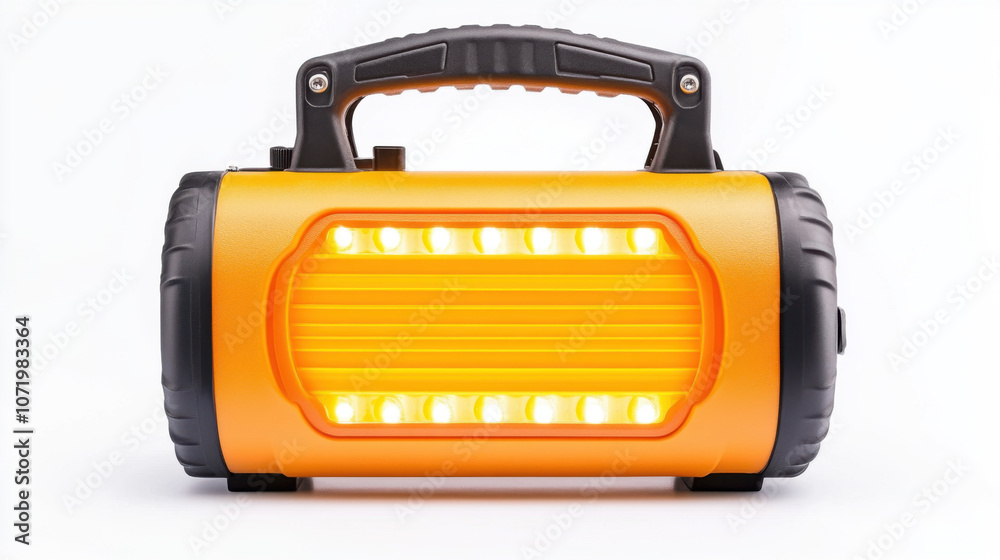 Construction and roadwork, Bright orange battery powered emergency light designed for road use, featuring multiple LED lights for visibility and safety in dark conditions Construction and roadwork, Bright orange battery powered emergency light designed for road use, featuring multiple LED lights for visibility and safety in dark conditions