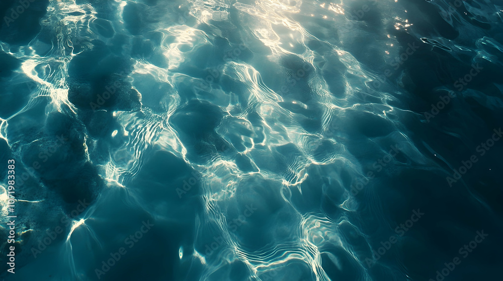 Fototapeta premium Clear water ripples texture, showcasing blue surface with sunlight reflections for a calming, minimalist design -