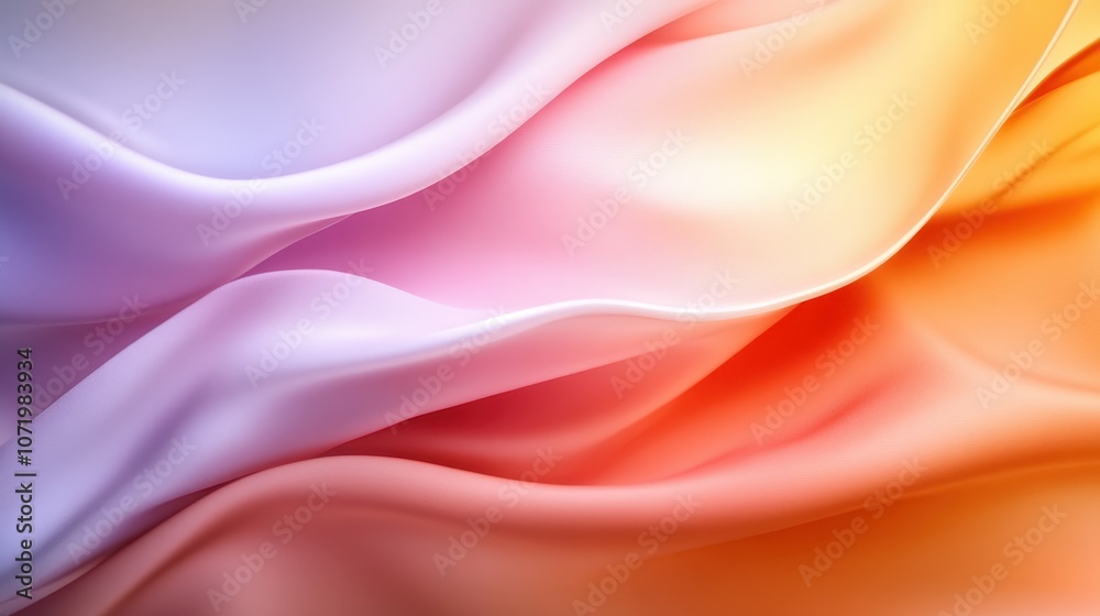 Fototapeta premium Dynamic and vibrant waves of fabric in pastel purple, pink, and orange shades create an abstract design reminiscent of motion, warmth, and creativity in visual art.