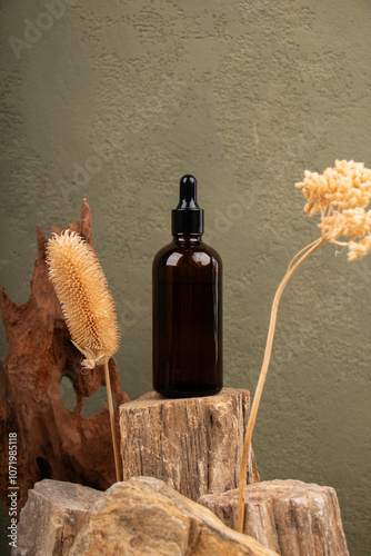 Amber Glass Dropper Bottle with Rustic Wooden Background for Natural Skincare Branding photo