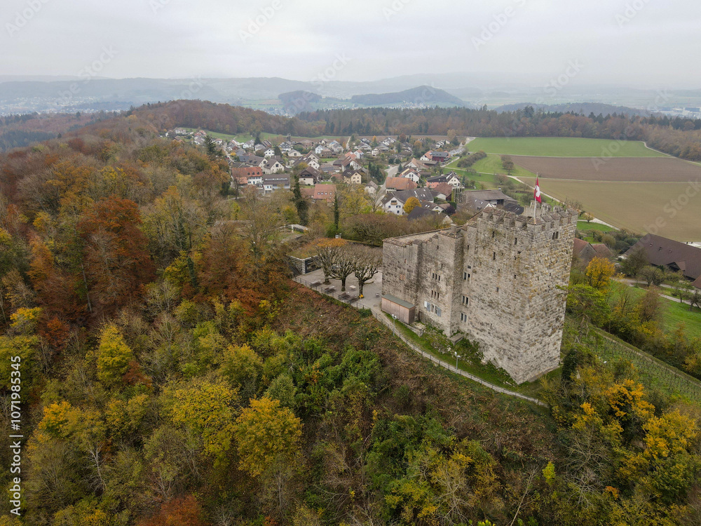 Drone view at Habsburg castle in Switzerland