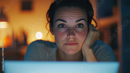 stressed female entrepreneur looking at laptop, deep in thought, with contemplative expression in dimly lit room. atmosphere conveys tension and focus