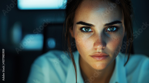 Close up of focused woman with striking blue eyes, sitting in dimly lit office, conveying sense of determination and concentration. **Keywords**  woman close up blue eyes office focused