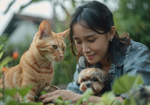 A young woman is sitting on the grass with a cat and a dog.