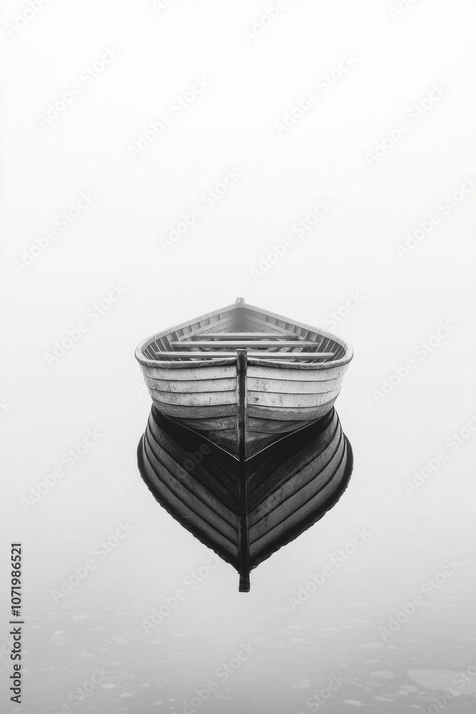 Minimalist black-and-white style of a small boat on calm water