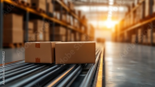 Two cardboard boxes rest on a conveyor belt in a warehouse, capturing an industrial and logistics atmosphere with a sunlit background adding a warm, busy ambiance.